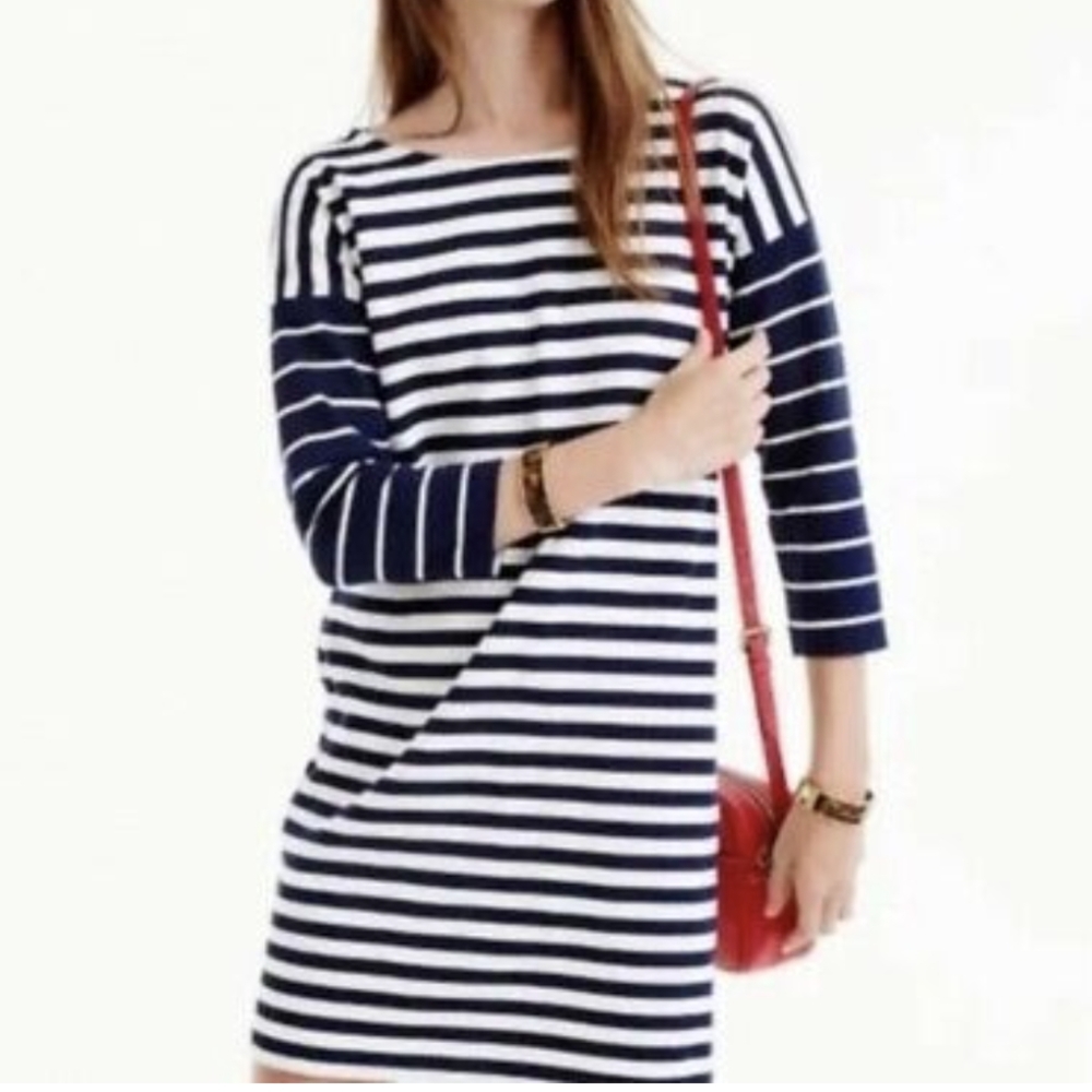 J. Crew Breton Navy Striped Cotton Elbow Sleeve Mini Dress Size XS